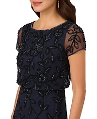 Adrianna Papell Petite Floral Beaded Blouson Short-Sleeve Gown