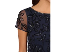 Adrianna Papell Women's Floral Bead Embellished Blouson Short-Sleeve Gown