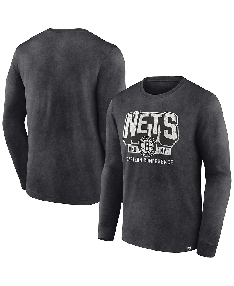 Men's Fanatics Heather Charcoal Distressed Brooklyn Nets Front Court Press Snow Wash Long Sleeve T-shirt