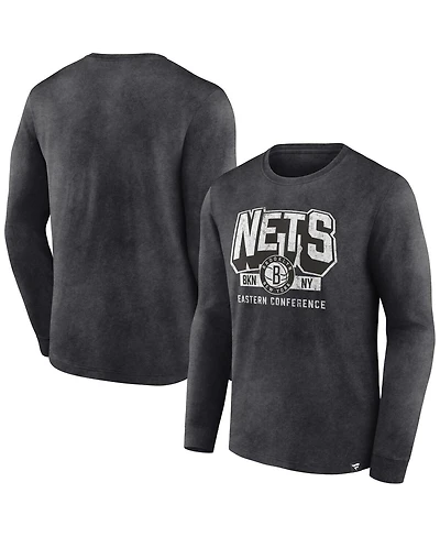 Men's Fanatics Heather Charcoal Distressed Brooklyn Nets Front Court Press Snow Wash Long Sleeve T-shirt