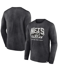 Men's Fanatics Heather Charcoal Distressed Brooklyn Nets Front Court Press Snow Wash Long Sleeve T-shirt