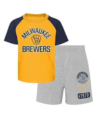 Baby Boys and Girls Gold, Heather Gray Milwaukee Brewers Ground Out Baller Raglan T-shirt Shorts Set