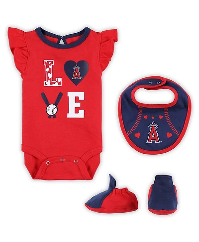 Baby Boys and Girls Red, Navy Los Angeles Angels Three-Piece Love of Baseball Bib Bodysuit Booties Set
