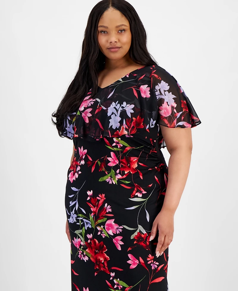 Connected Plus V-Neck Floral Cape Maxi Dress