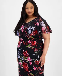 Connected Plus V-Neck Floral Cape Maxi Dress