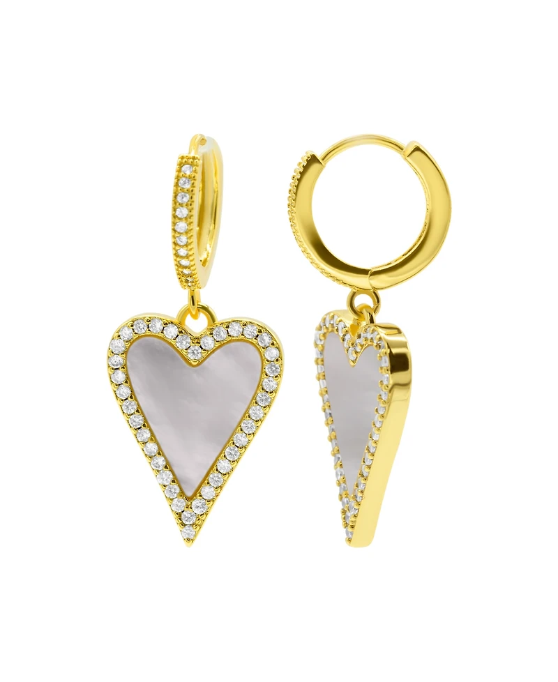 Adornia 14K Gold-Plated White Mother-of-Pearl Crystal Halo Heart Drop Huggie Earrings
