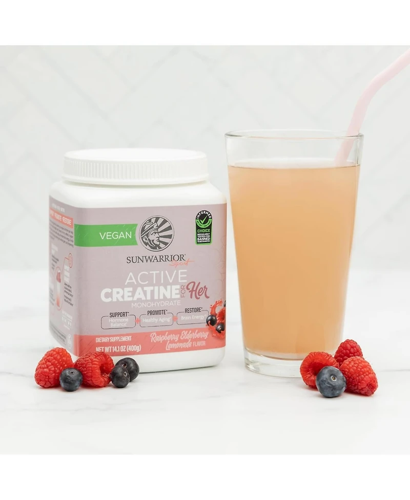Sunwarrior Active Creatine for Her, Monohydrate Powder Micronized PreWorkout Recovery Supplement for Women, Sunwarrior, Raspberry Lemonade Flavor, 50