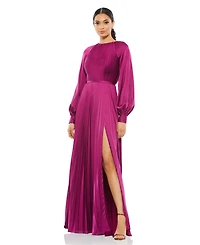 Mac Duggal Women's Ieena Long Sleeve Pleated High Neck Gown