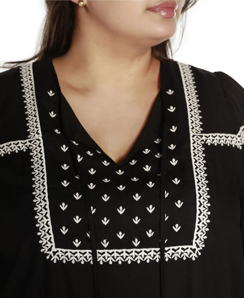 Belldini Black Label Plus Embroidered Blouson Tie Neck Top