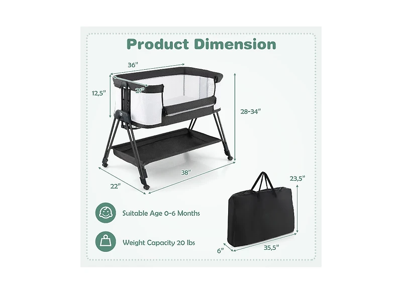 Slickblue Girls Portable Bedside Sleeper for Baby with 7 Adjustable Heights