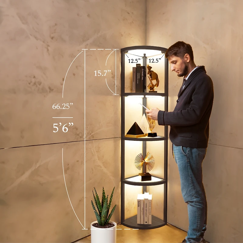 Fenlo Fantasy Edge - Corner Glass Display Shelf Floor Lamp with Fully Dimmable Led, Remote Control