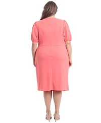 London Times Plus Puff-Sleeve Tie-Waist Dress