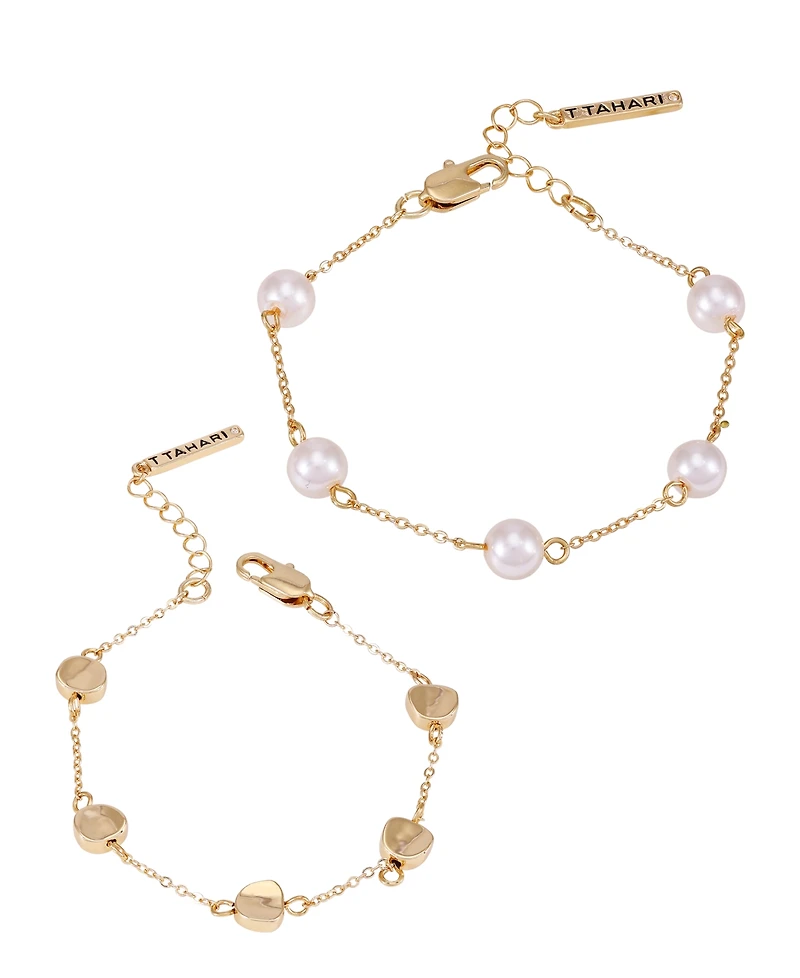 T Tahari Gold-Tone 2-Piece Imitation Pearl Line Bracelet Set