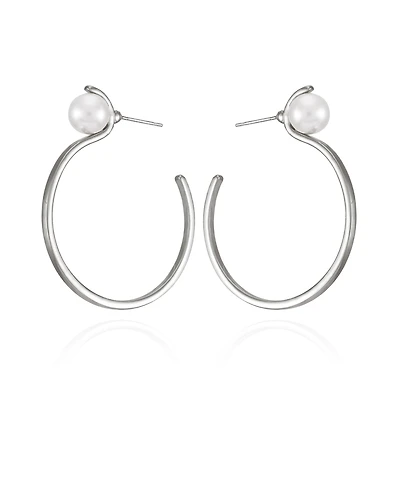 T Tahari Silver-Tone Imitation Pearl Open C Hoop Earrings