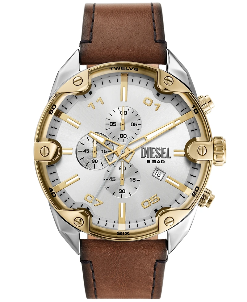 Diesel Men's Spiked Chronograph Brown Leather Watch 49mm