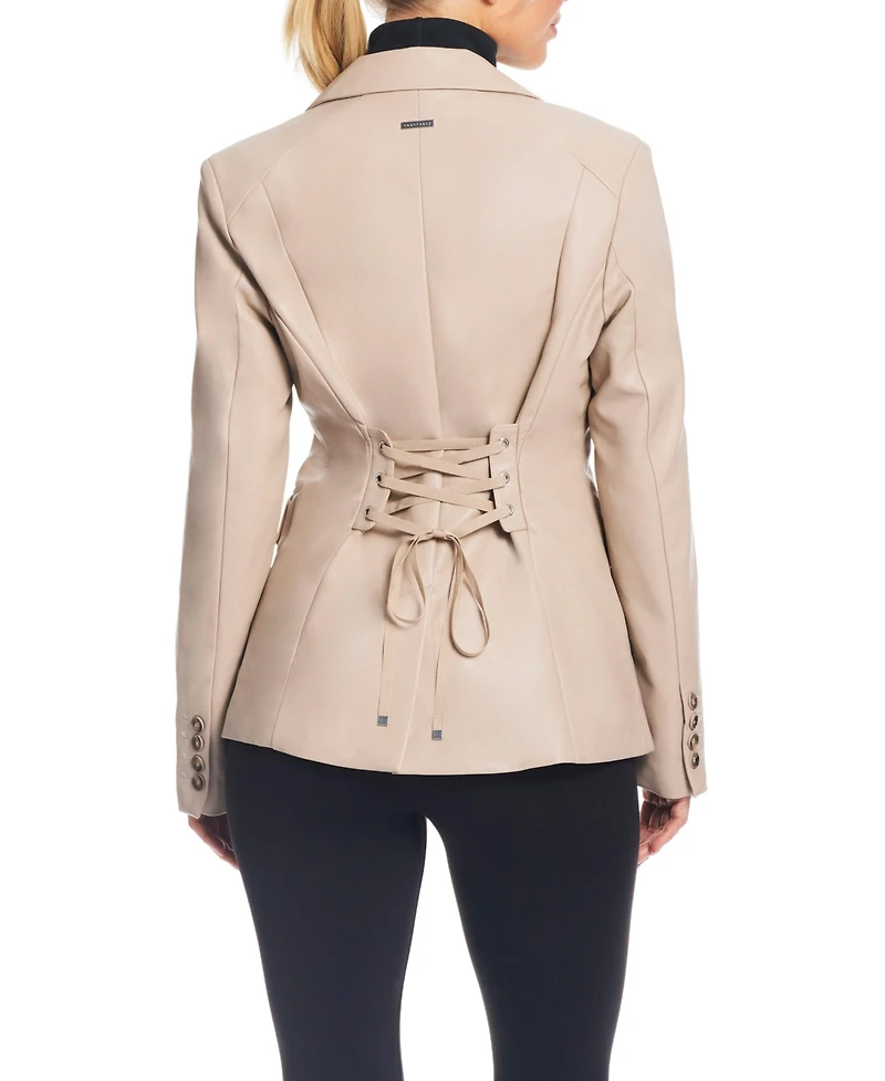 Sanctuary Women's Faux Leather Single-Breasted Blazer Jacket with Corset Back