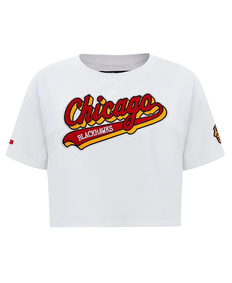 Women's Pro Standard White Chicago Blackhawks Boxy Script Tail Cropped T-shirt