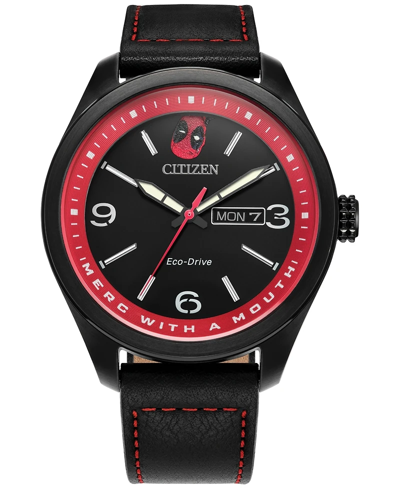 Citizen Eco-Drive Men's Marvel Deadpool Returns Black Leather Strap Watch 43mm