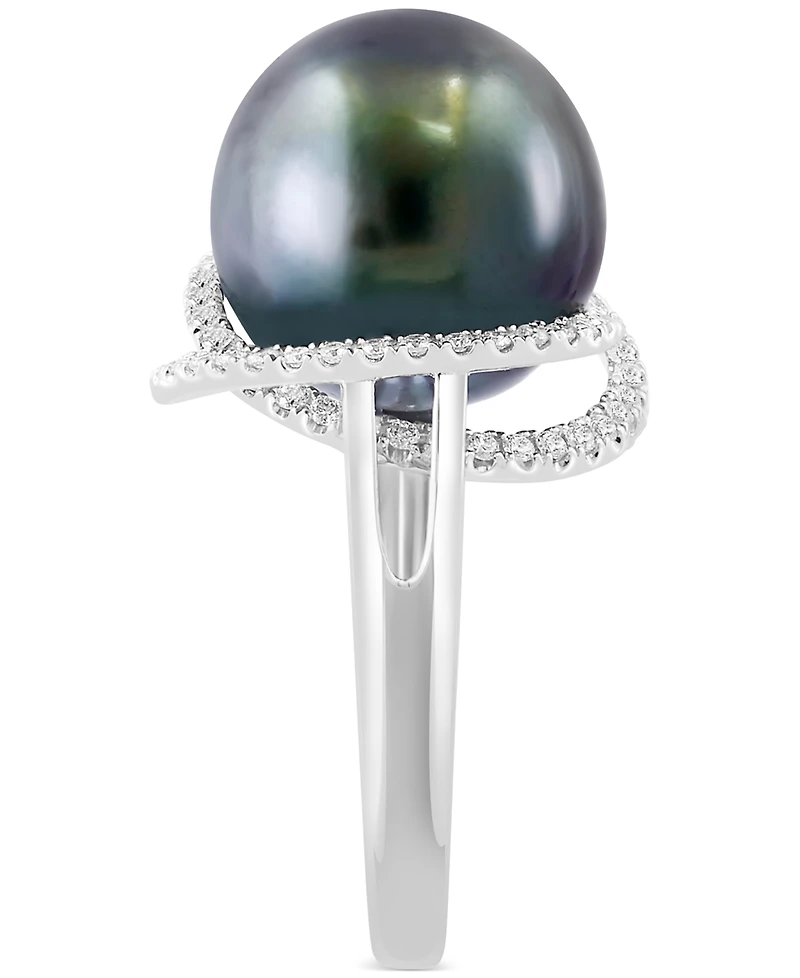 Effy Black Tahitian Pearl (13mm) & Diamond (1/4 ct. t.w.) Double Halo Statement Ring in 14k White Gold