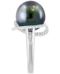Effy Black Tahitian Pearl (13mm) & Diamond (1/4 ct. t.w.) Double Halo Statement Ring in 14k White Gold