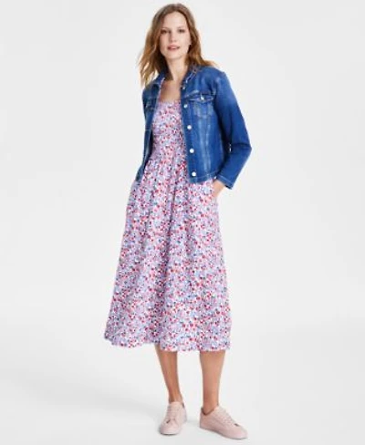 Tommy Hilfiger Womens Smocked Floral Print Cotton Midi Dress Denim Jacket