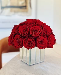 Rose Box Nyc Half Ball of Red Flame Long Lasting Preserved Real Roses in Mini Modern Vase, 25-27 Roses