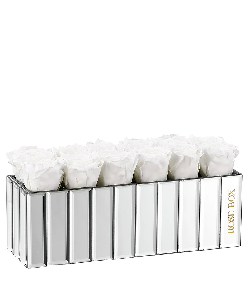 Rose Box Nyc Pure White Long Lasting Preserved Real Roses in Modern Mirrored Centerpiece Vase, 12 Roses