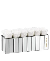 Rose Box Nyc Pure White Long Lasting Preserved Real Roses in Modern Mirrored Centerpiece Vase, 12 Roses