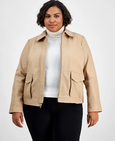 Cole Haan Plus Leather Zip-Front Collared Coat