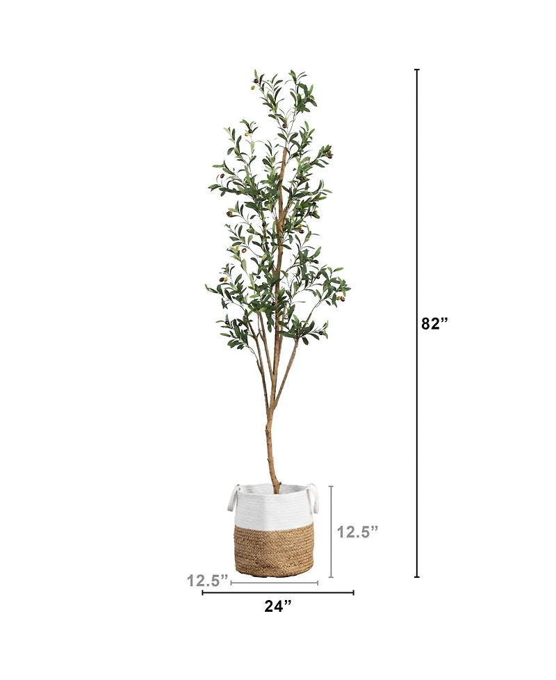 Nearly Natural 7ft. Artificial Olive Tree with Natural Trunk and Handmade Jute Basket