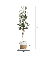 Nearly Natural 7ft. Artificial Olive Tree with Natural Trunk and Handmade Jute Basket