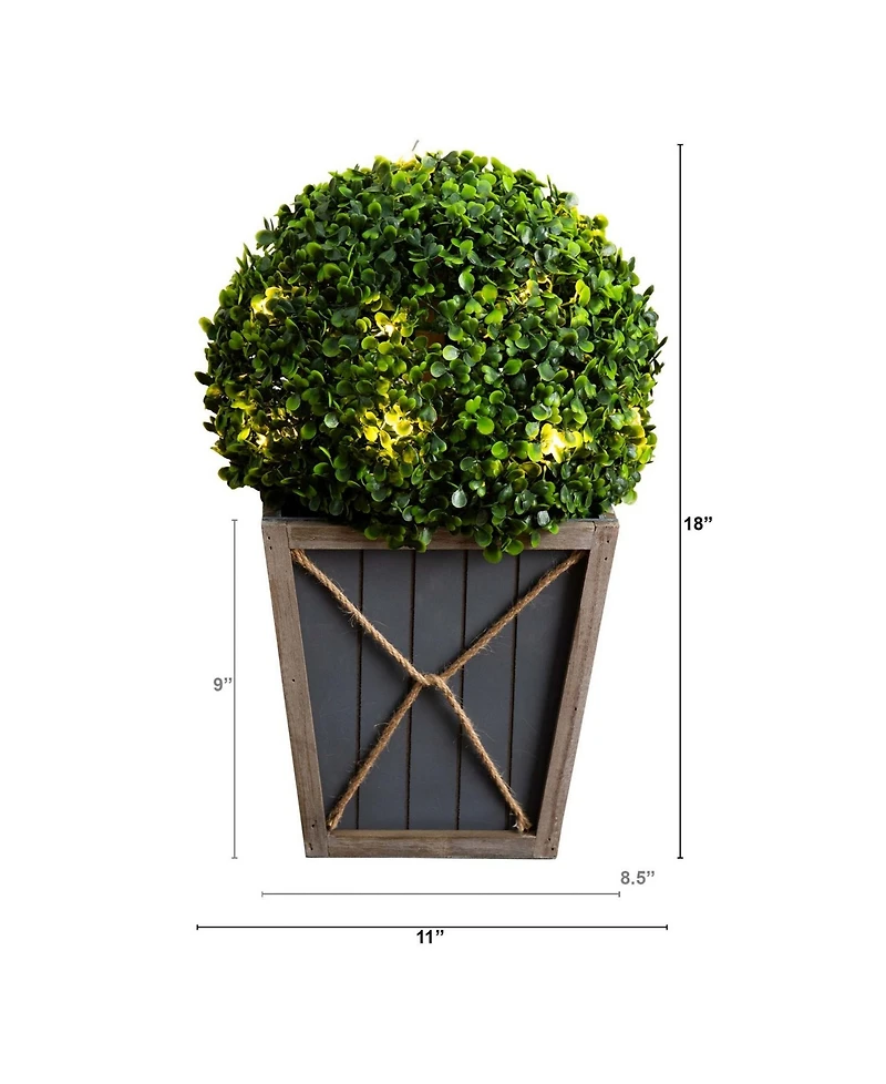Nearly Natural 18in. Uv Resistant Artificial Boxwood Ball Topiary with Led Lights in Decorative Planter Indoor/Outdoor