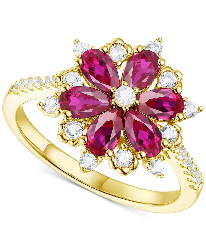 Lab-Grown Emerald (7/8 ct. t.w.) & White Sapphire (1/8 Flower Ring 14k Gold-Plated Sterling Silver (Also Additional Gemstone