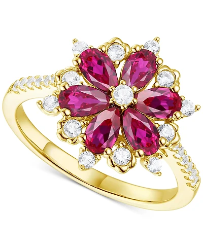 Lab-Grown Emerald (7/8 ct. t.w.) & White Sapphire (1/8 Flower Ring 14k Gold-Plated Sterling Silver (Also Additional Gemstone