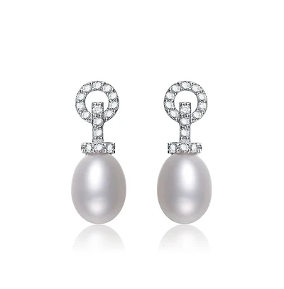 Sterling Silver White Gold Plated Cubic Zirconia Pearl Drop Earrings