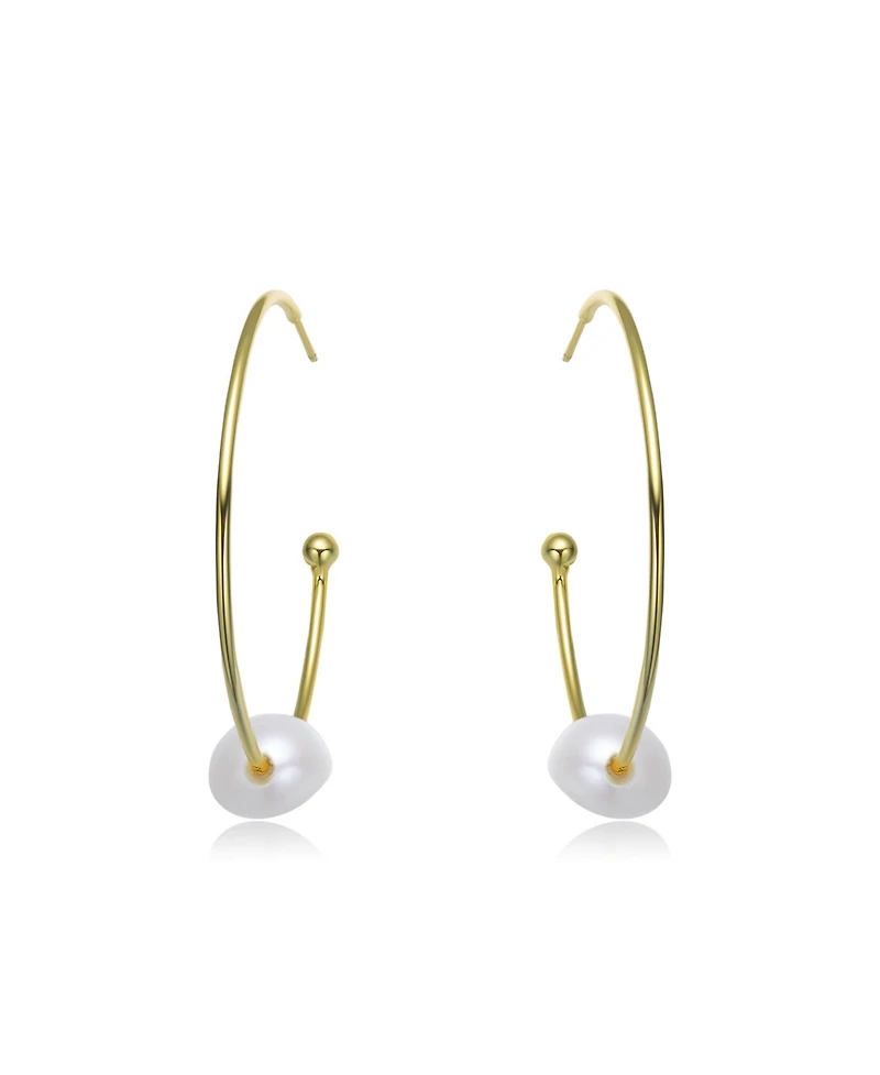 Stylish Sterling Silver 14K Gold Plating and Genuine Freshwater Pearl Round Hoop Earrings