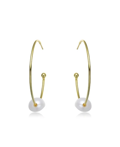Stylish Sterling Silver 14K Gold Plating and Genuine Freshwater Pearl Round Hoop Earrings