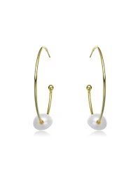 Stylish Sterling Silver 14K Gold Plating and Genuine Freshwater Pearl Round Hoop Earrings