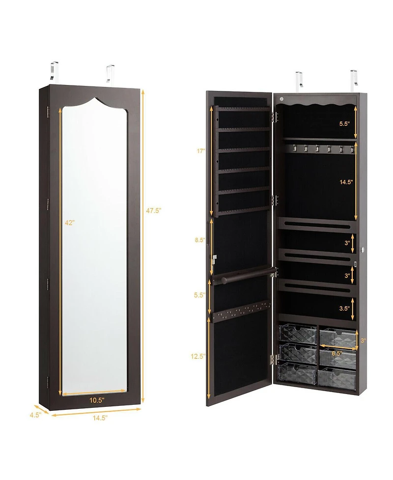 Sugift Door Hanging Mirror Jewelry Armoire with Full Length Mirror and 6 Drawers