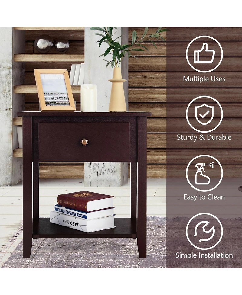 Sugift Nightstand with Drawer and Storage Shelf for Bedroom