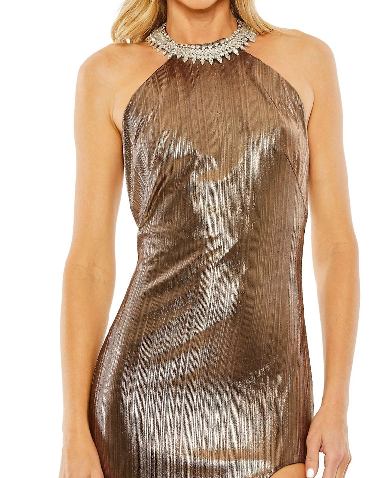 Mac Duggal Women's High Neck Crystal Detail Metallic Slit Gown
