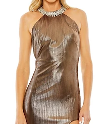 Mac Duggal Women's High Neck Crystal Detail Metallic Slit Gown