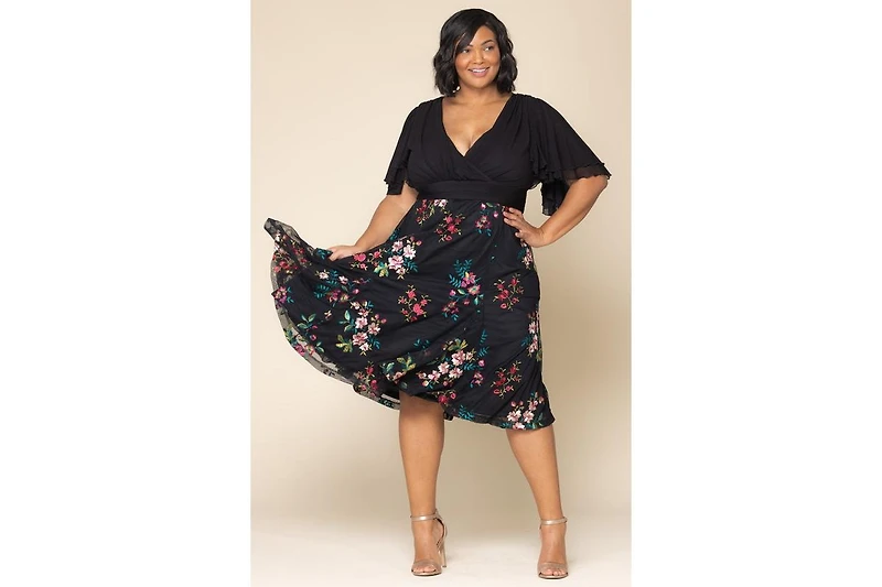 Kiyonna Plus Lillian Embroidered Mesh Midi Cocktail Dress