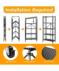 5-Tier Foldable Storage Shelving Unit, Heavy Duty Metal Shelf, Kitchen Shelf with 3 Hooks