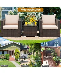 Slickblue 3 Pcs Patio Conversation Rattan Furniture Set with Cushion