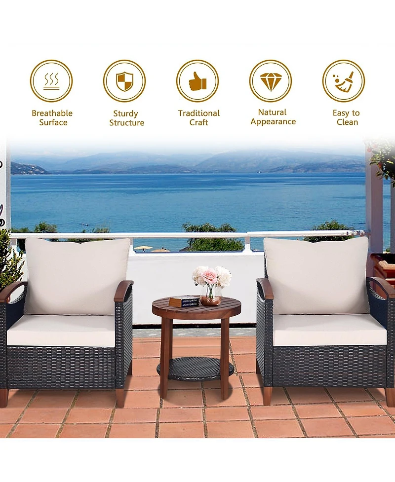 Slickblue 3 Pieces Patio Rattan Furniture Set with Washable Cushion and Acacia Wood Tabletop