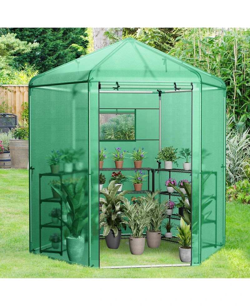 Slickblue Walk-In Hexagonal Greenhouse with Pe Cover and Metal Frame