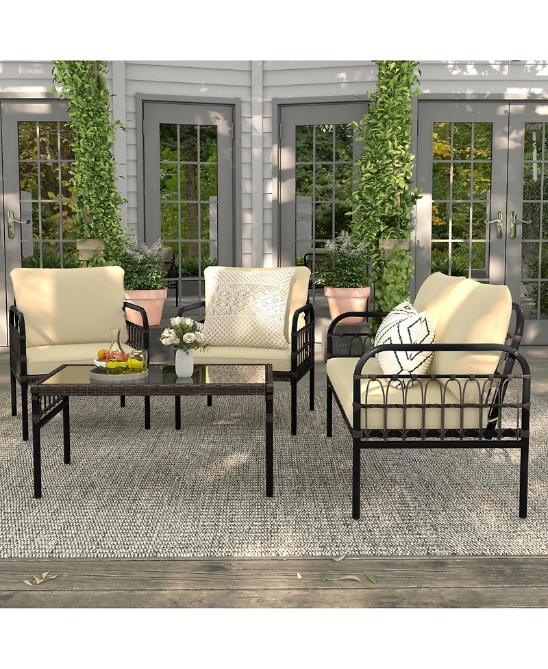 Slickblue 4 Pieces Outdoor Wicker Conversation Bistro Set with Soft Cushions and Tempered Glass Coffee Table-Beige
