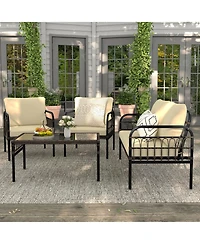 Slickblue 4 Pieces Outdoor Wicker Conversation Bistro Set with Soft Cushions and Tempered Glass Coffee Table-Beige