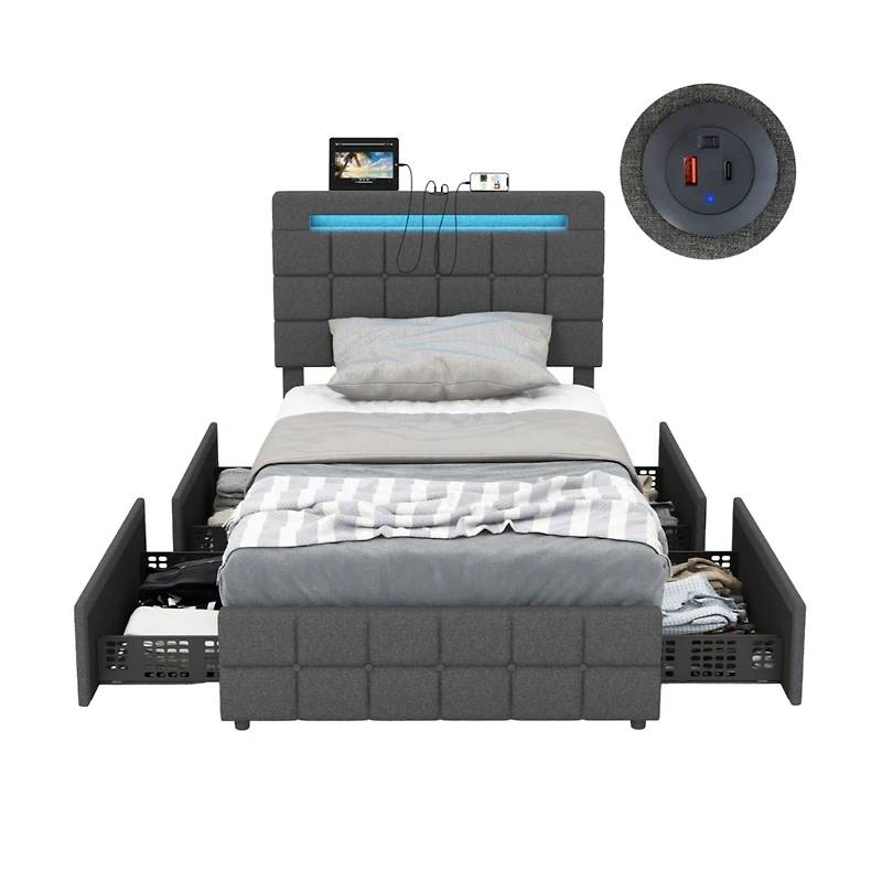 Upholstered Led Bed Frame with Headboard and 4 Drawers
